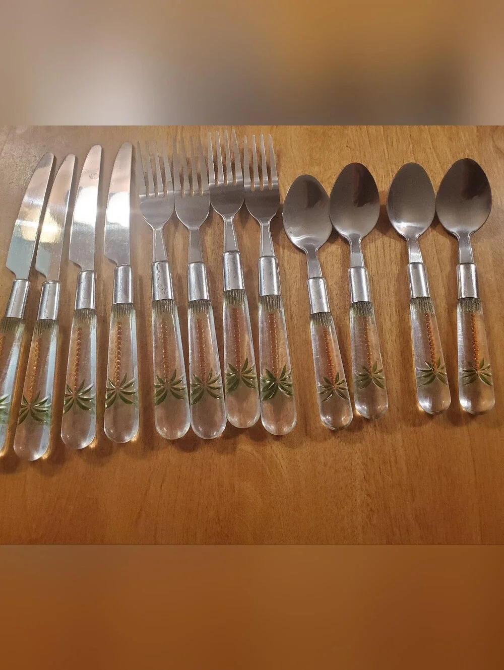 Vintage Cambridge Palm Tree Flatware Stainless Clear Acrylic Lucite Silverware